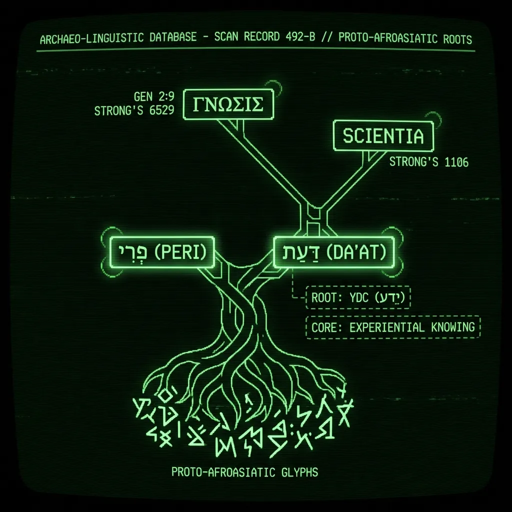A complex etymological diagram, rendered as an archaeological database scan of ancient linguistic data. A stylized tree's roots delve into …