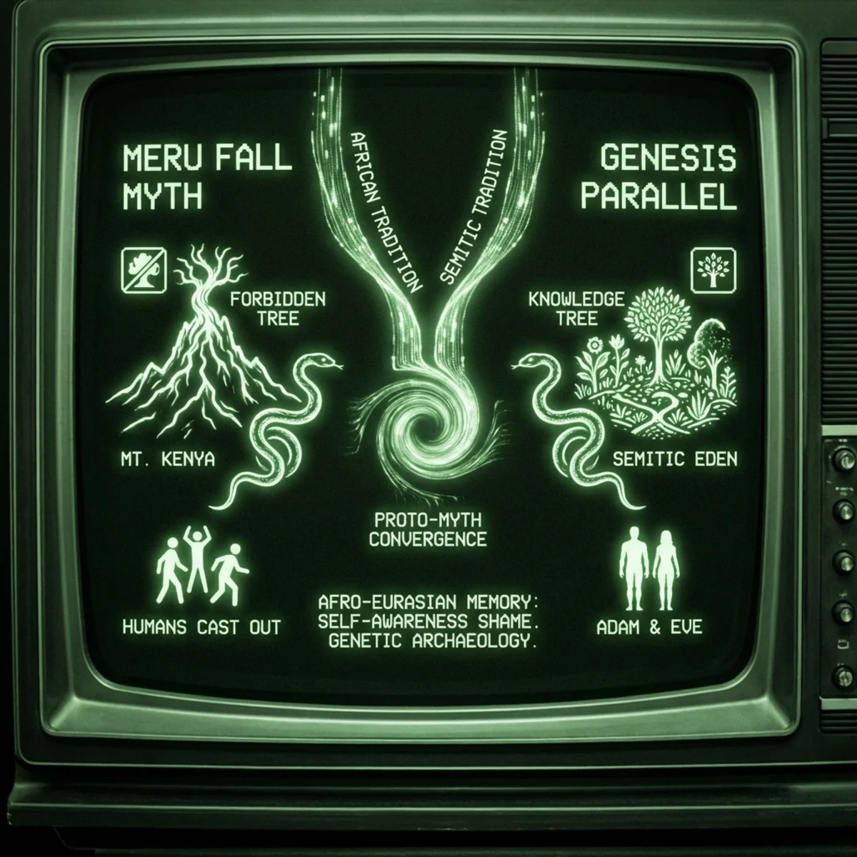 Green phosphor on black. The Meru (Kenya) Fall myth rendered: a forbidden tree, a serpent, humans cast from paradise. Striking parallels to Genesis …