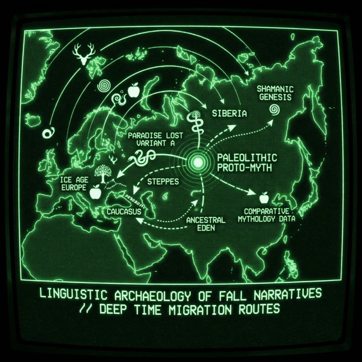 Dark green CRT phosphor aesthetic. Eurasian Fall myths mapped across the steppes—from Siberia to Europe, parallel stories of paradise lost. A …