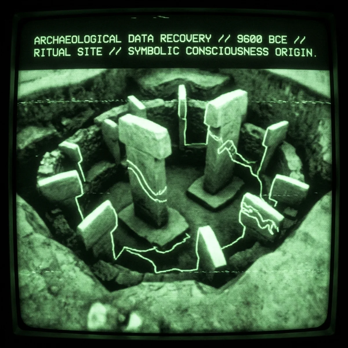 Green phosphor CRT aesthetic. Göbekli Tepe T-pillars with serpent reliefs glowing in excavation darkness. Snake carvings emerge from ancient stone. …