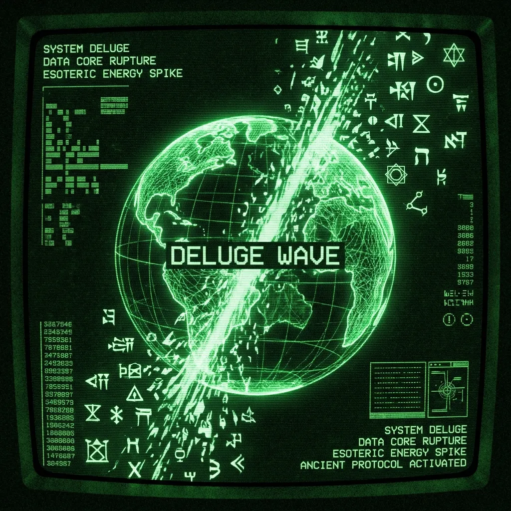 A mystical, esoteric illustration in dark green monochrome CRT terminal aesthetic. A 3D wireframe world map being split by a digital 'Deluge' energy …