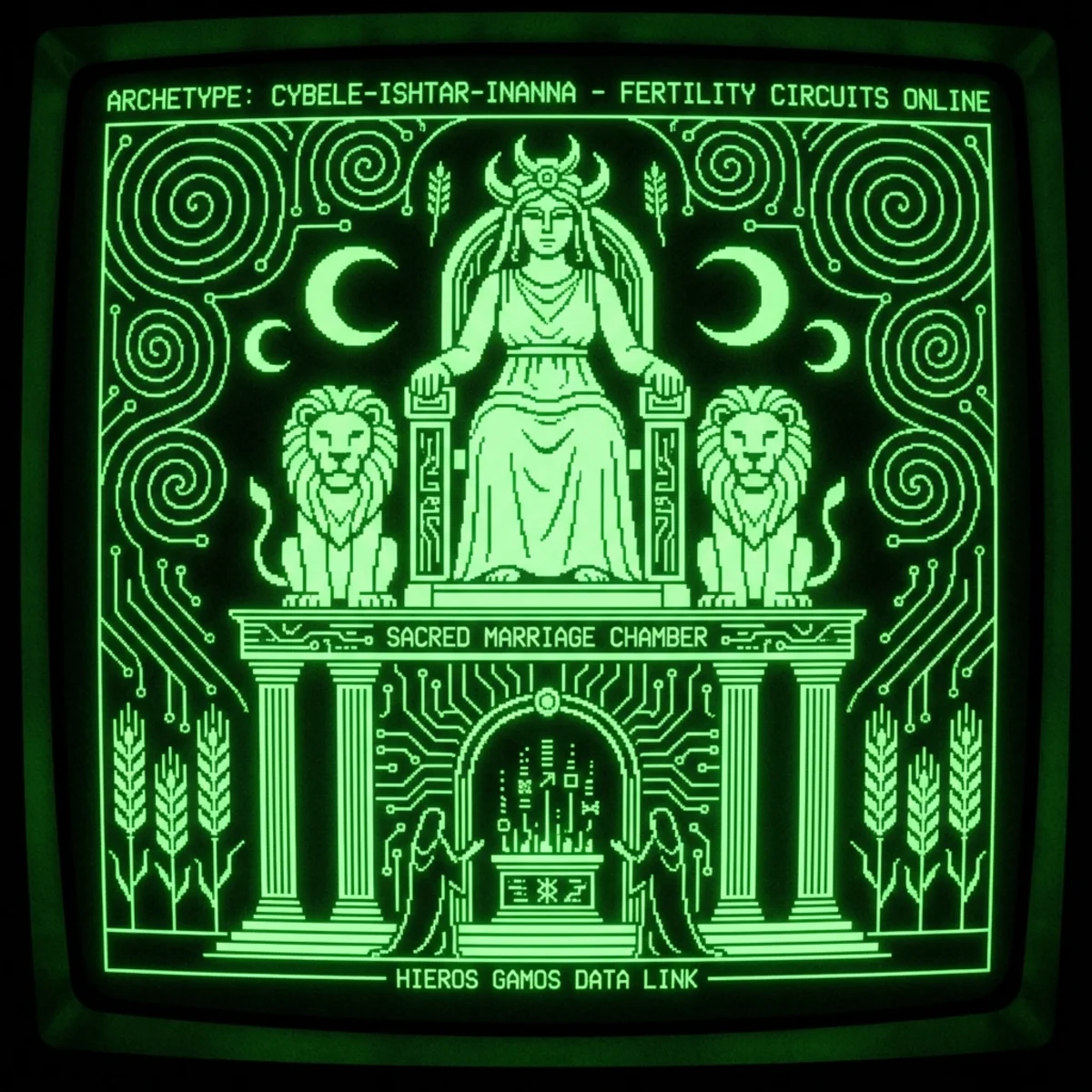 Green phosphor CRT aesthetic. Ancient Great Mother goddess enthroned, flanked by lions. Temple architecture with sacred marriage chamber. Hieros gamos …