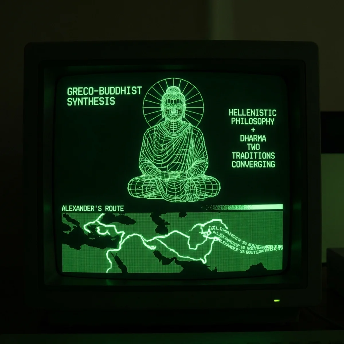 Dark green terminal display. Gandharan Buddha sculpture blending Greek and Indian styles. Alexander's route eastward as data stream. Greco-Buddhist …