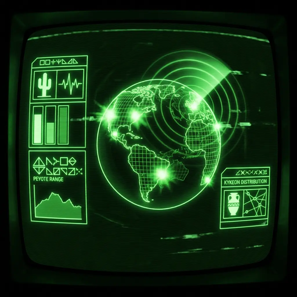 A technical CRT terminal design (#00e300 on #0a0a0a). A 3D wireframe global map with high-contrast radar pulses emanating from entheogen hotspots. HUD …