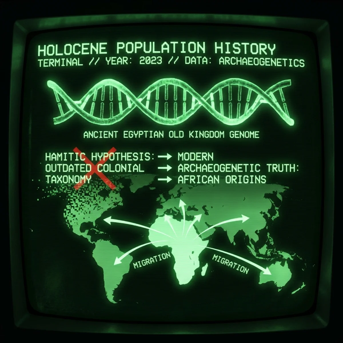 Dark green CRT aesthetic. Ancient Egyptian Old Kingdom genome visualized as DNA strand. Hamitic Hypothesis as outdated colonial taxonomy dissolving …