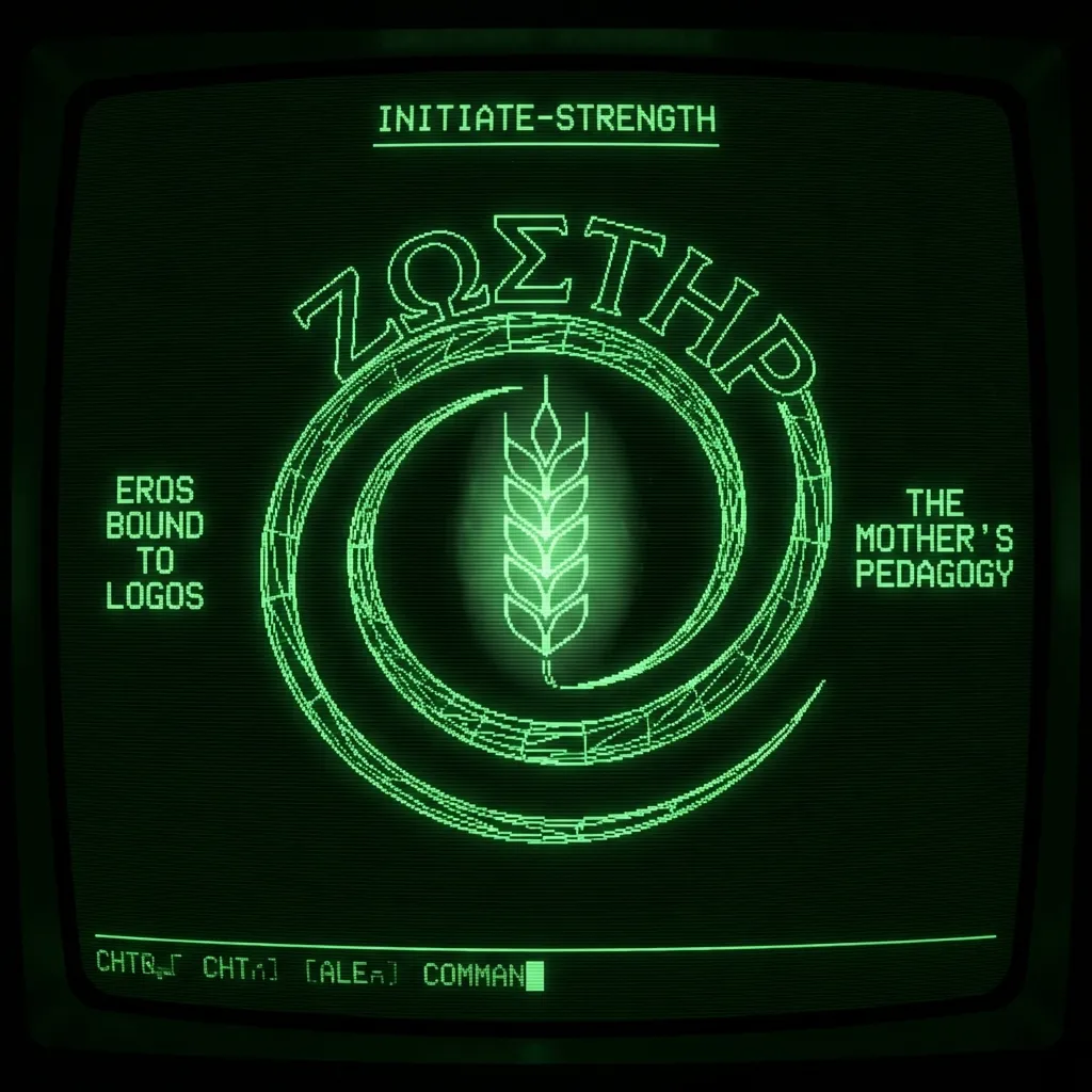 A glowing, intricate wireframe of a stylized 'ZΩΣΤΗΡ' (girdle) slowly coils around and binds a single, abstract ear of grain at its center. This …