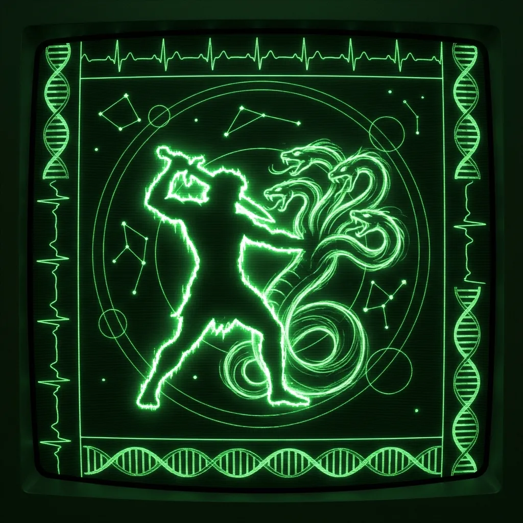 A mystical, esoteric illustration in dark green monochrome CRT terminal aesthetic. Heracles appears as a high-contrast silhouette grappling with a …