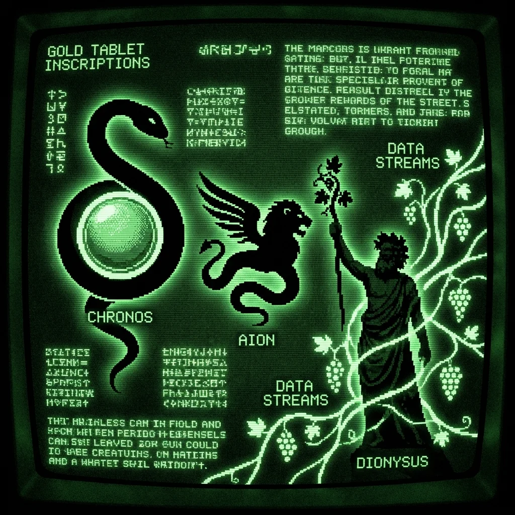 A mystical, esoteric illustration in dark green monochrome CRT terminal aesthetic. A high-contrast silhouette of the cosmic serpent Chronos coils …