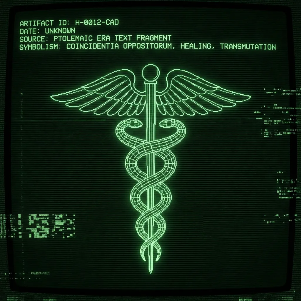 A detailed wireframe schematic of the Caduceus, its two serpents coiling around a central staff, with prominent wings at the top. This is presented as …