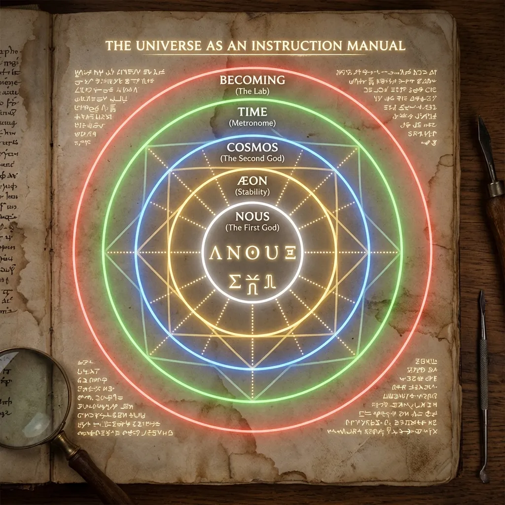 A meticulously scanned page from a recovered Hermetic codex, depicting a layered cosmogonic diagram. Concentric circles with ancient glyphs slowly …