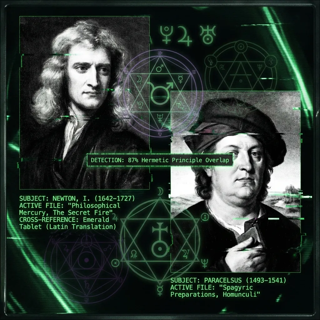 A fractured optical display overlays spectral, glow-in-the-dark alchemical symbols onto stark, monochromatic scanned portraits of Isaac Newton and …