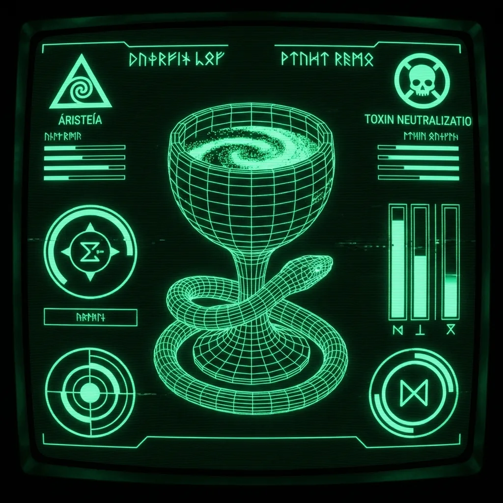A mystical, esoteric illustration in dark green monochrome CRT terminal aesthetic. A 3D wireframe chalice filled with glowing green phosphor liquid. A …