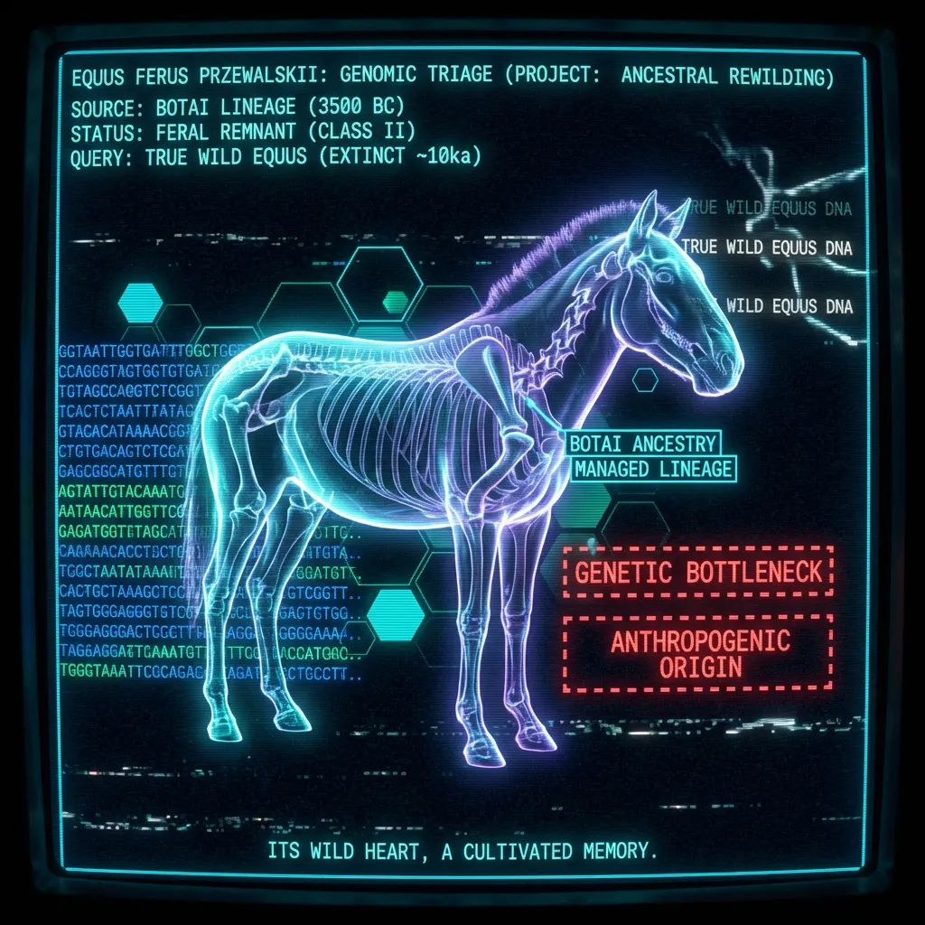 A ghostly, skeletal outline of a Przewalski's horse, half-materialized in a bio-luminescent glow. Overlaying its form are glowing genomic sequences …