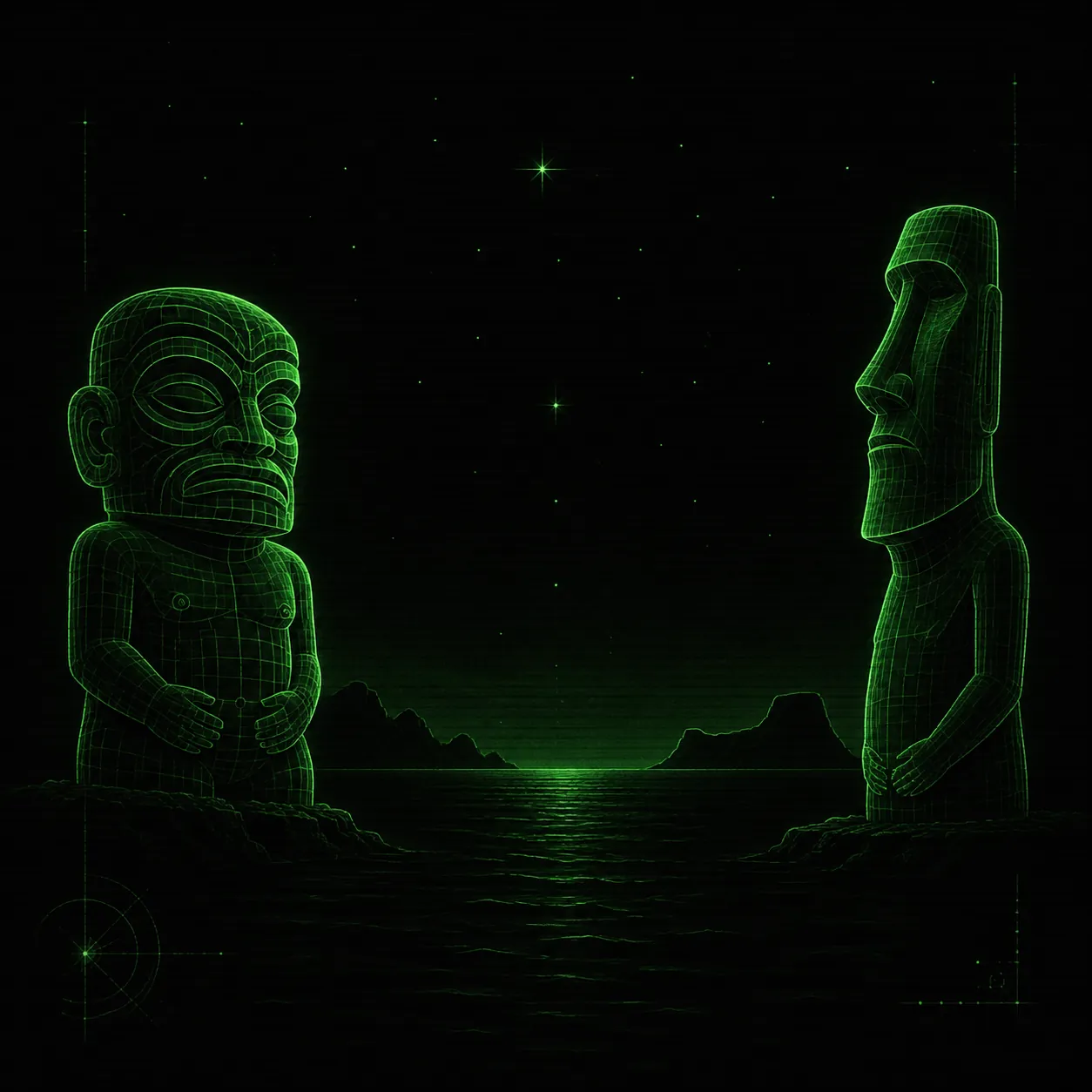 A symbolic editorial cover for an essay titled The Hands That Remember about the shared Polynesian ancestral traditions of Hiva Oa and Rapa Nui. …