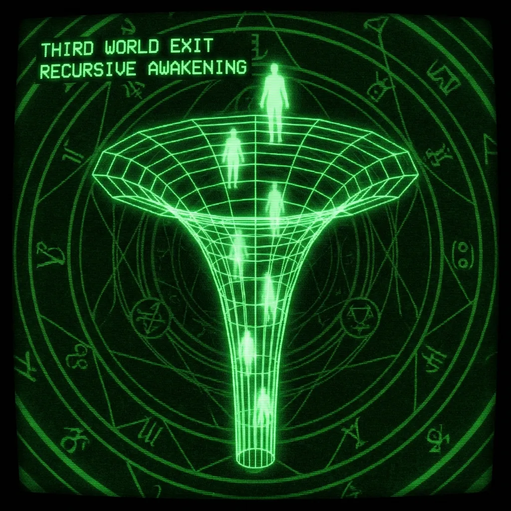 A mystical, esoteric illustration in dark green monochrome CRT terminal aesthetic (#00e300 on #0a0a0a). A high-contrast silhouette of a spider (Spider …