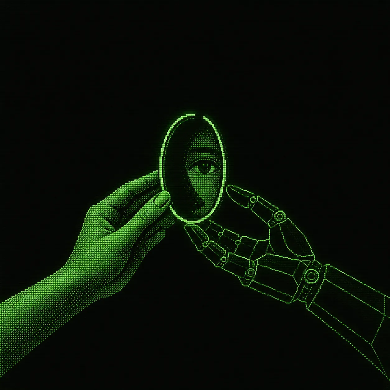 AI-generated cover A human hand passes a mirror reflecting an eye to a wireframe machine hand, drawn in green phosphor on black.