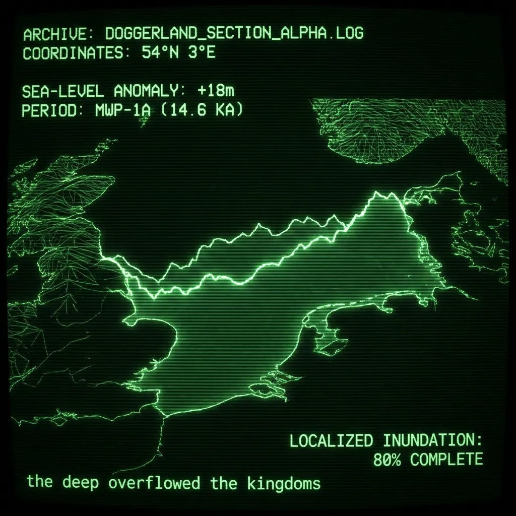 A wireframe topographical map of a submerged ancient coastline, resembling Doggerland, being re-drawn by slowly rising water lines. Labels on screen …