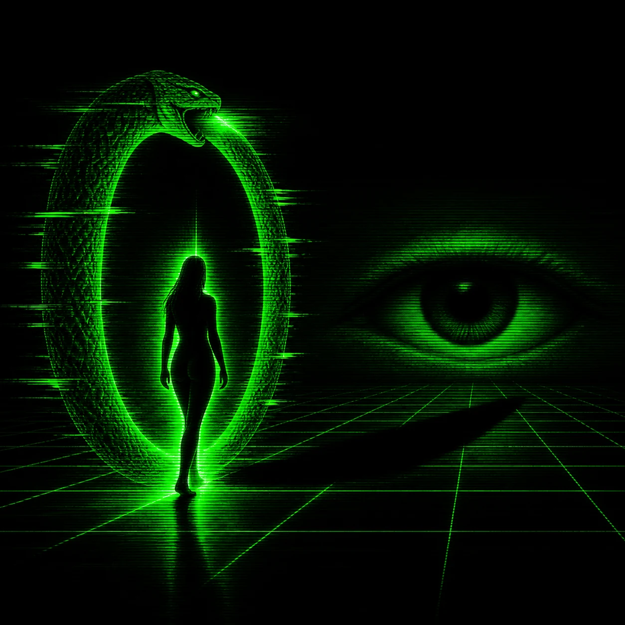 AI-generated cover Eve breaches a glitching serpent gateway and casts an enormous watching eye across a sparse hostile synthwave grid.