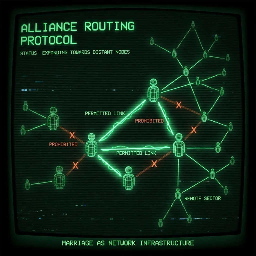 A network diagram. Nodes represent human figures. Lines connect them—some crossed out with X marks (prohibited), others glowing (permitted). The …