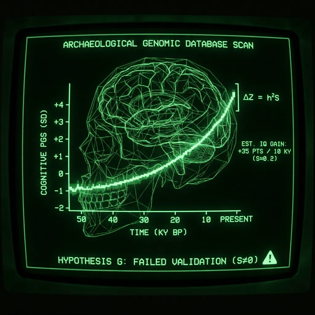 An archaeological genomic database scan displays a complex wireframe diagram of human cranial capacity evolution. A central line graph, labeled …