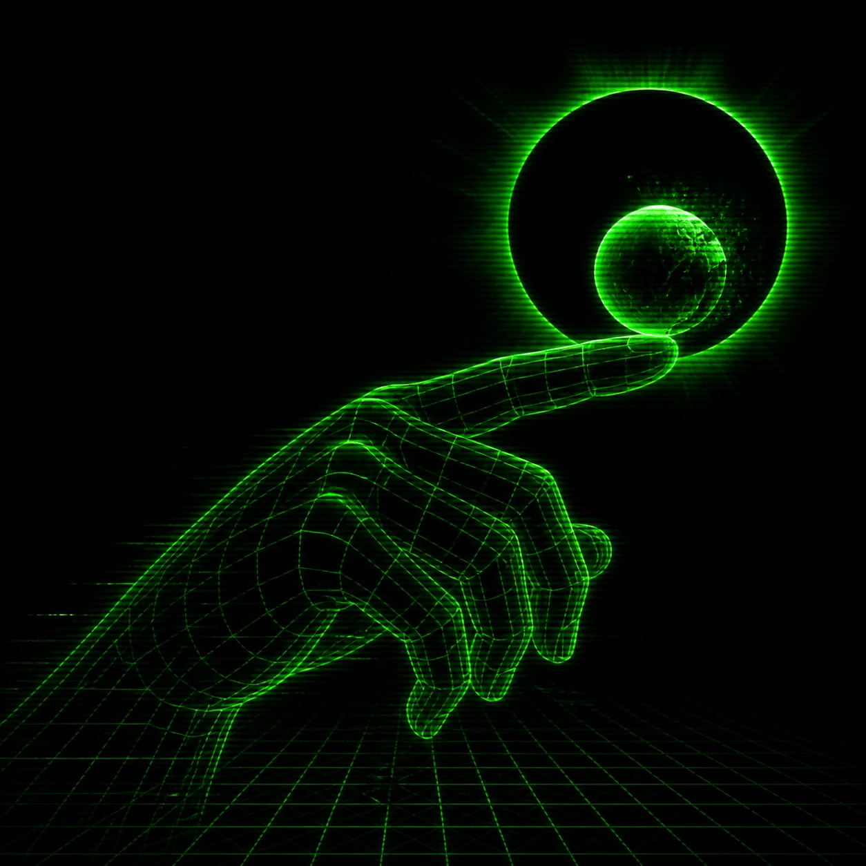 AI-generated cover A demiurgic wireframe hand balances a cracked world against a black sun above an empty 1980s mainframe grid.