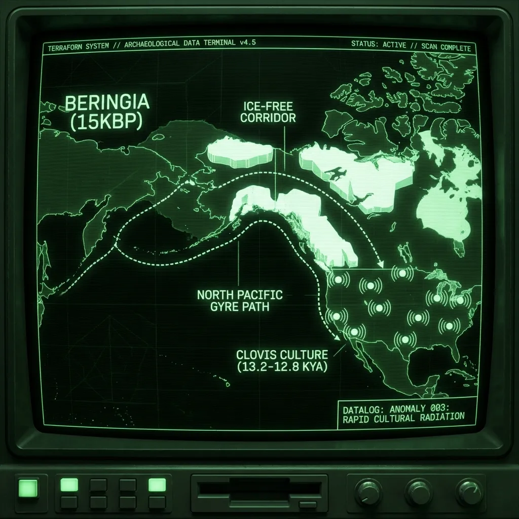 A cartographic terminal display overlaying archaeological data. A dotted wireframe line traces the Beringian land bridge and a coastal migration …