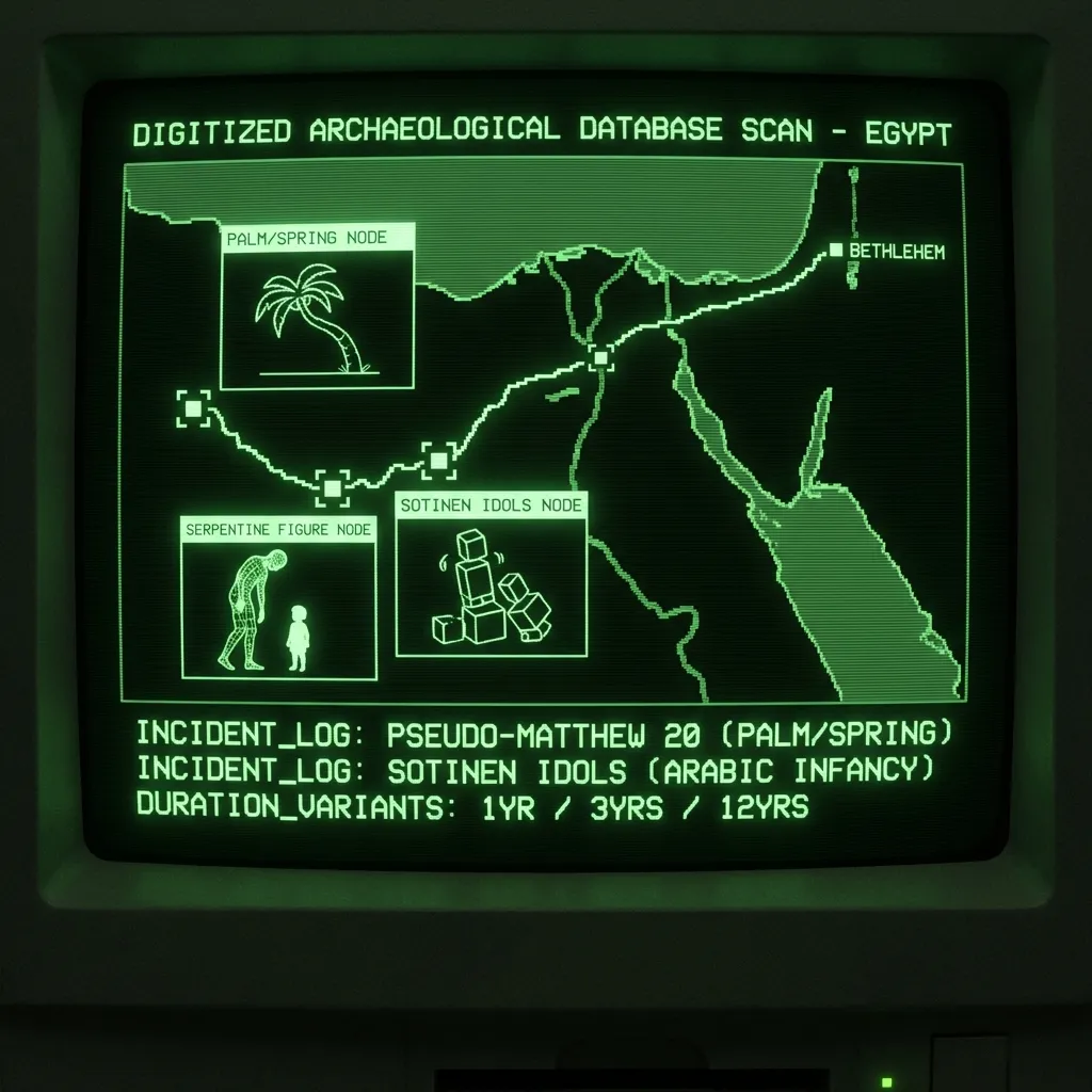 A digitized archaeological database scan displaying a projected map of ancient Egypt. A flashing green line traces the apocryphal 'Flight into Egypt' …