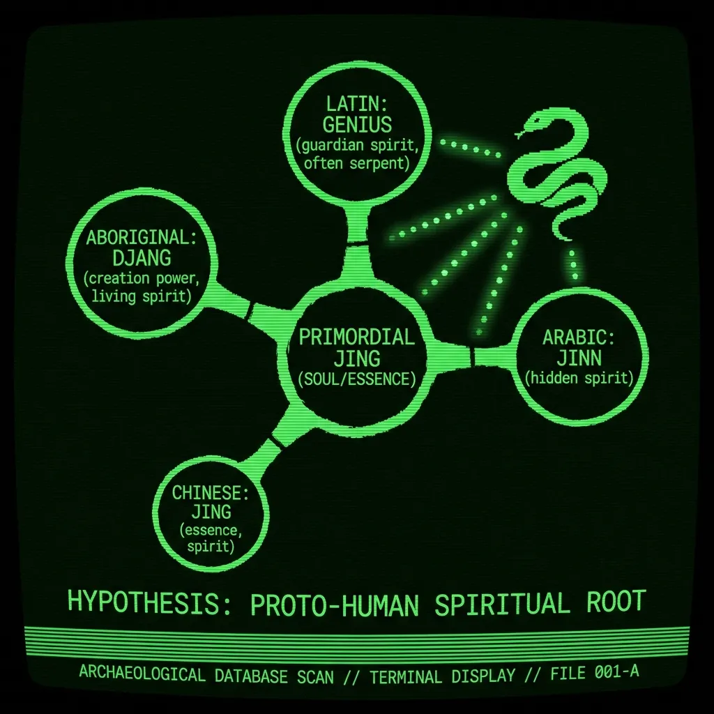 A linguistic etymology tree mapping the hypothesized 'Jing' root. Branches extend from a central node labeled 'PRIMORDIAL JING (SOUL/ESSENCE)' to …