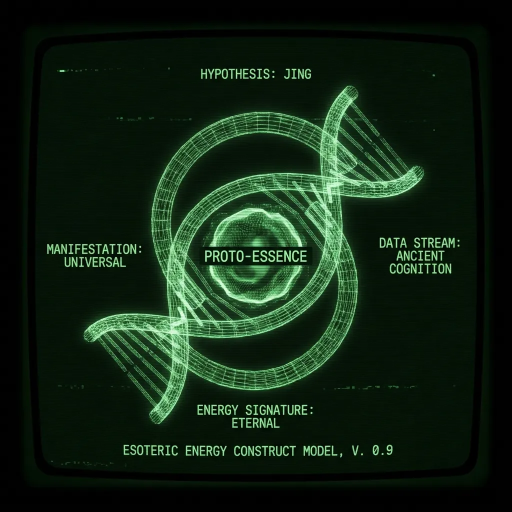An intricate wireframe of a swirling vortex or spiraling double helix diagram, symbolizing an "animating essence" or "life-force", emanates from a …