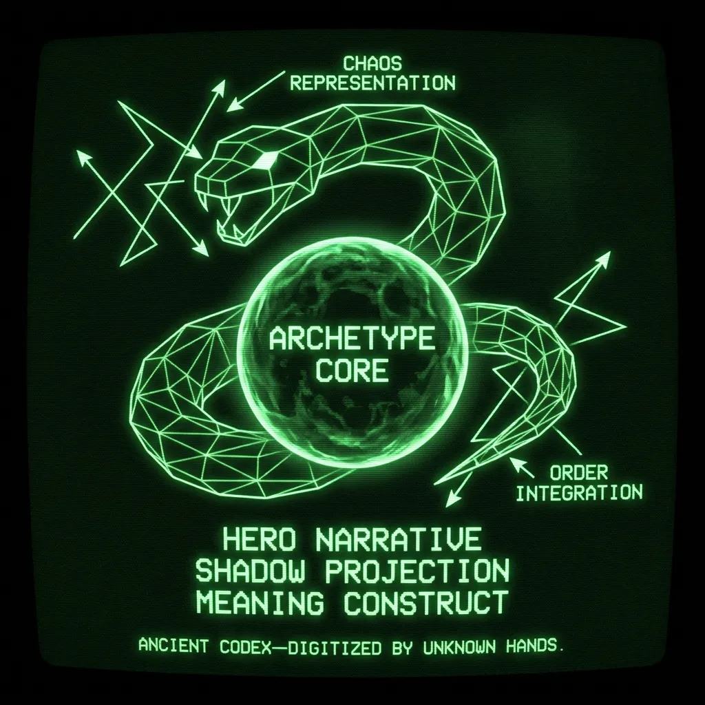 A stylized, geometric representation of a dragon or snake coiling around a central, glowing data sphere labeled "ARCHETYPE CORE." Ancient …