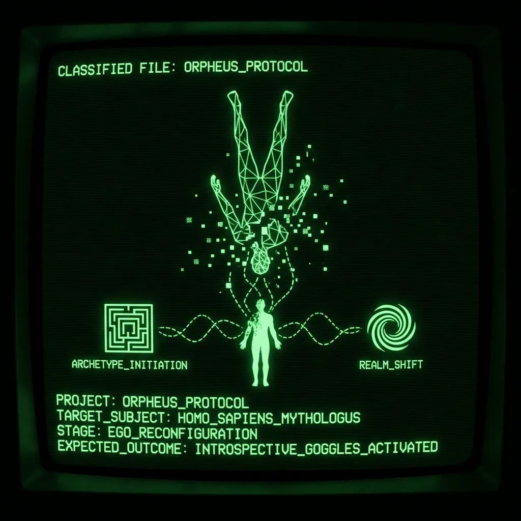 A classified psychological operations file displaying a ritual sequence diagram. A geometric figure of a human silhouette, inverted and suspended, …