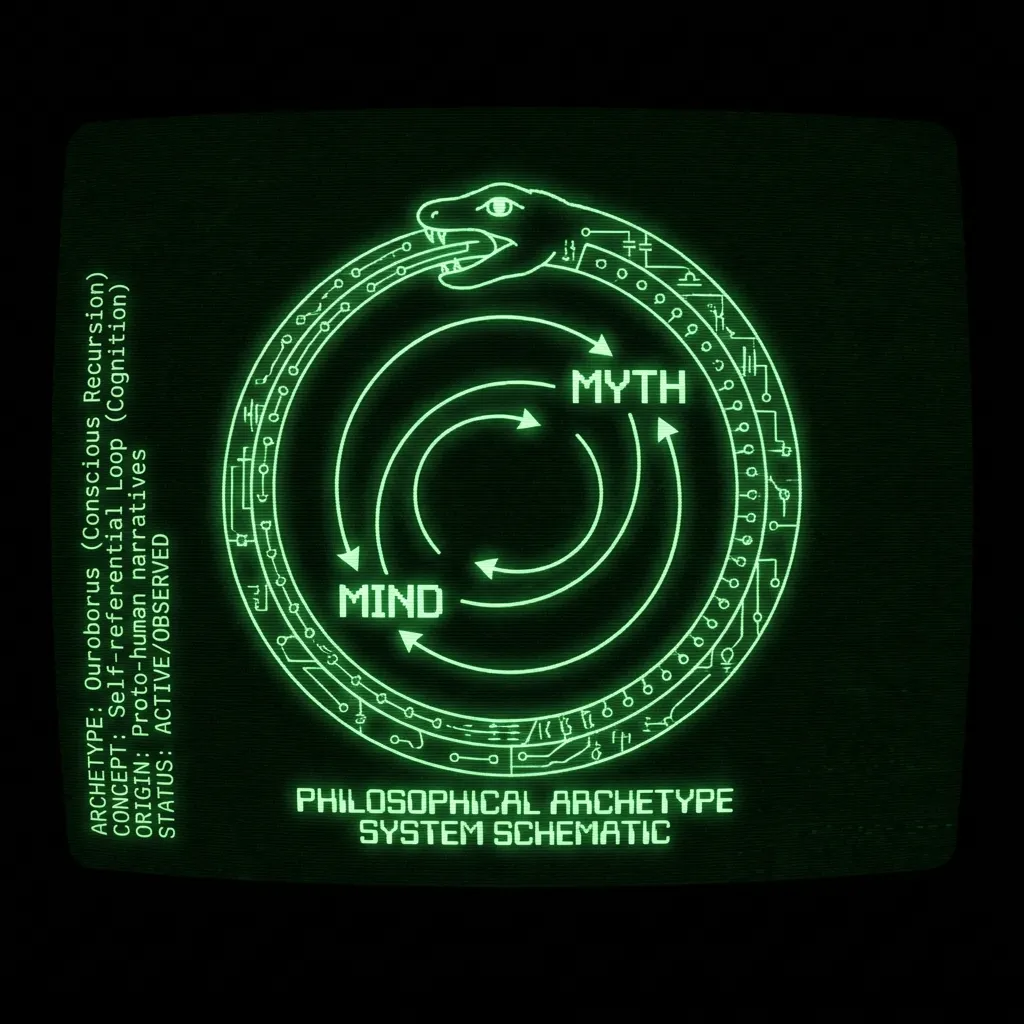 An Ouroboros symbol, rendered as a complex circuit diagram, slowly rotates and shimmers with data streams. Within its coiling form, a recursive loop …