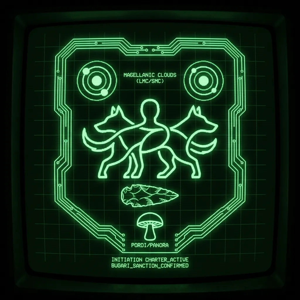 A stylized sigil emerges from an ancient lore key display. At its core, twin dingo-like outlines merge into a singular, abstract human form, …