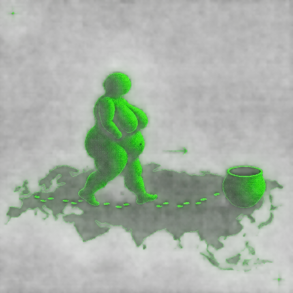 AI-generated illustrations using OpenAI ImageGen A green pixel Venus figurine walks east across Eurasia toward an open clay pot.