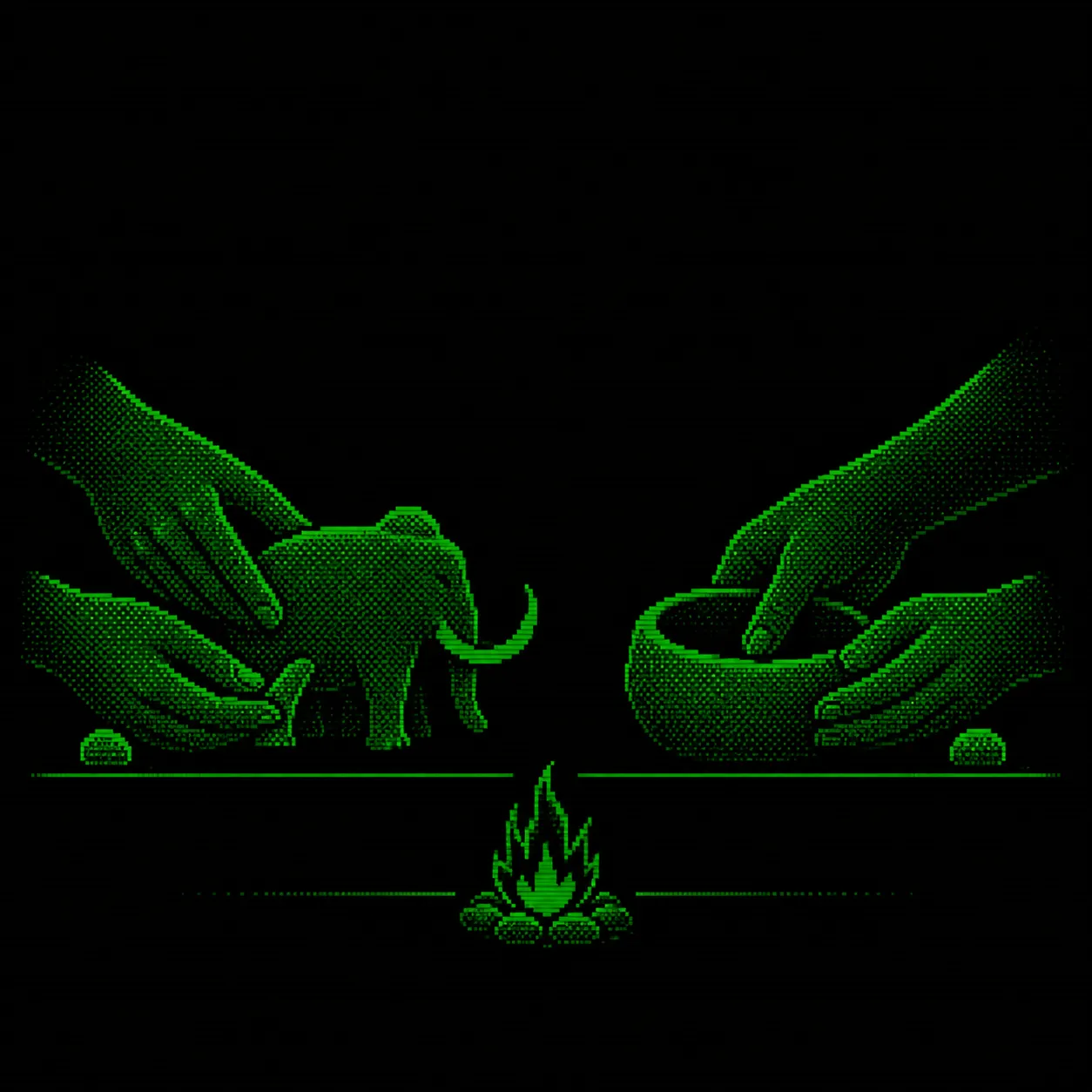 Green dithered hands shape a clay mammoth and a bowl above a small fire symbol.