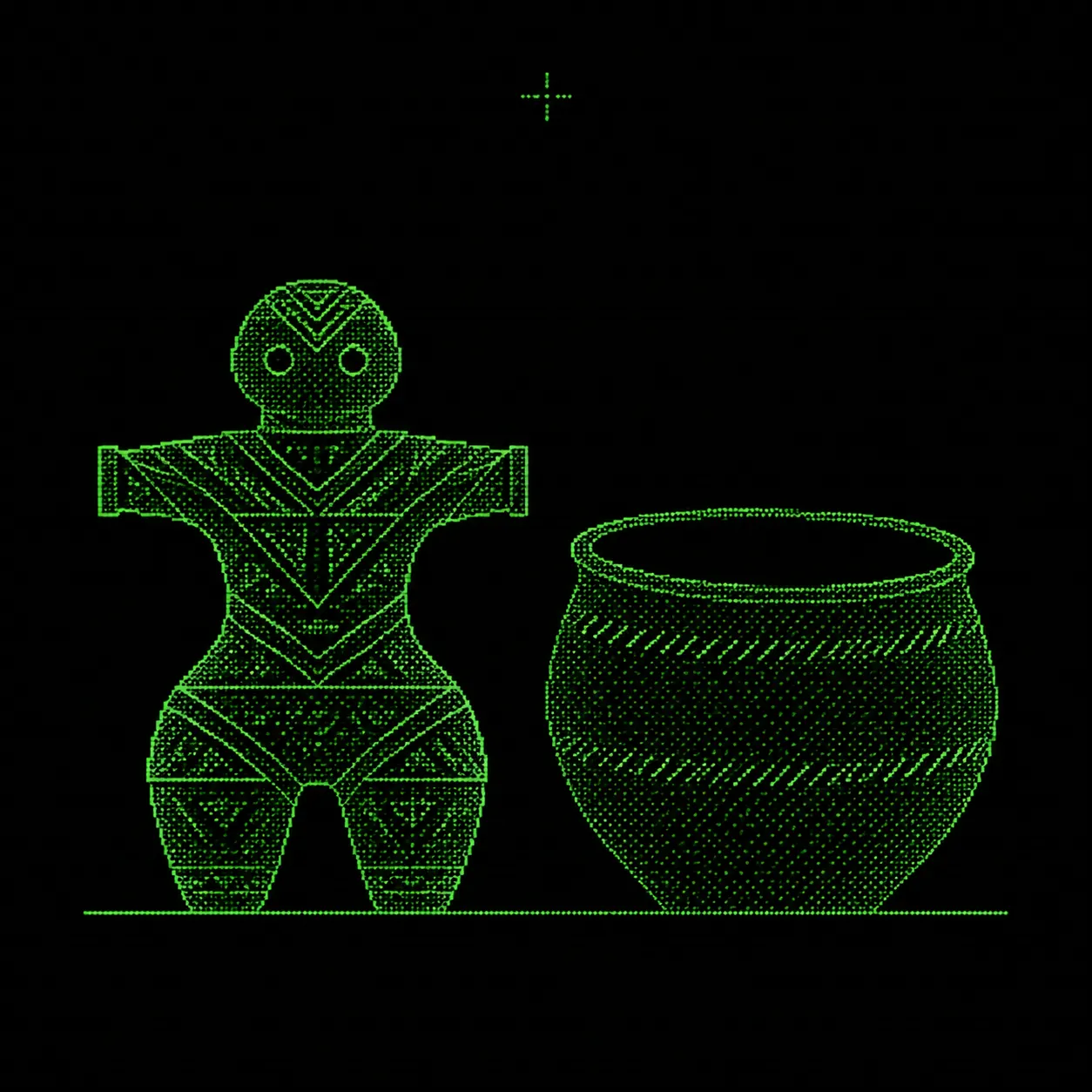A patterned Jōmon-inspired figurine stands beside a deep clay pot in green phosphor pixels.