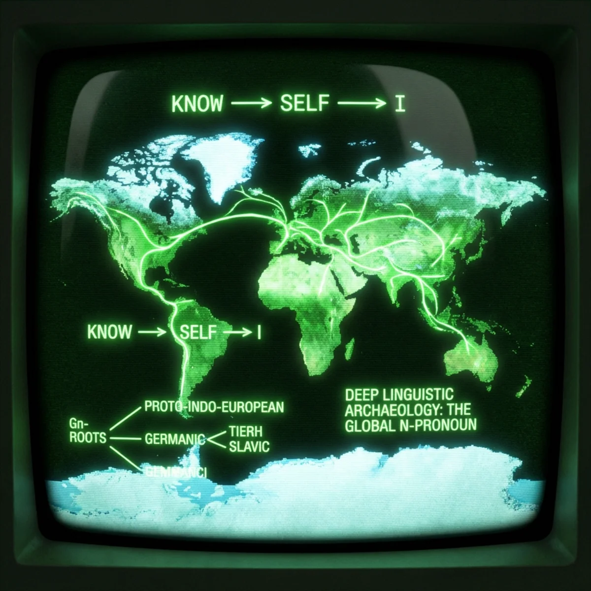 Green phosphor illustration. The global N-pronoun for first-person visualized as a linguistic fossil spreading across human migration routes. …