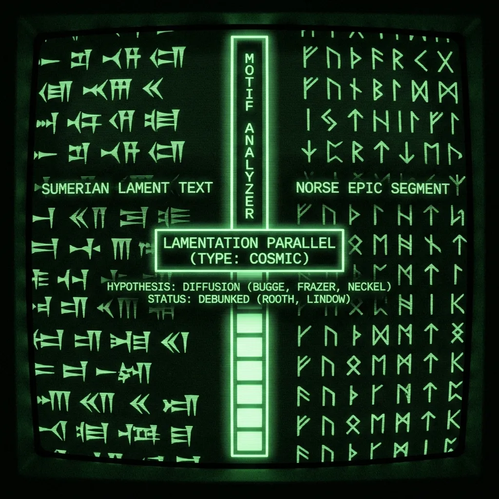 A split terminal view displaying two scrolling data feeds. On the left, abstract cuneiform glyphs representing 'SUMERIAN LAMENT TEXT' stream …