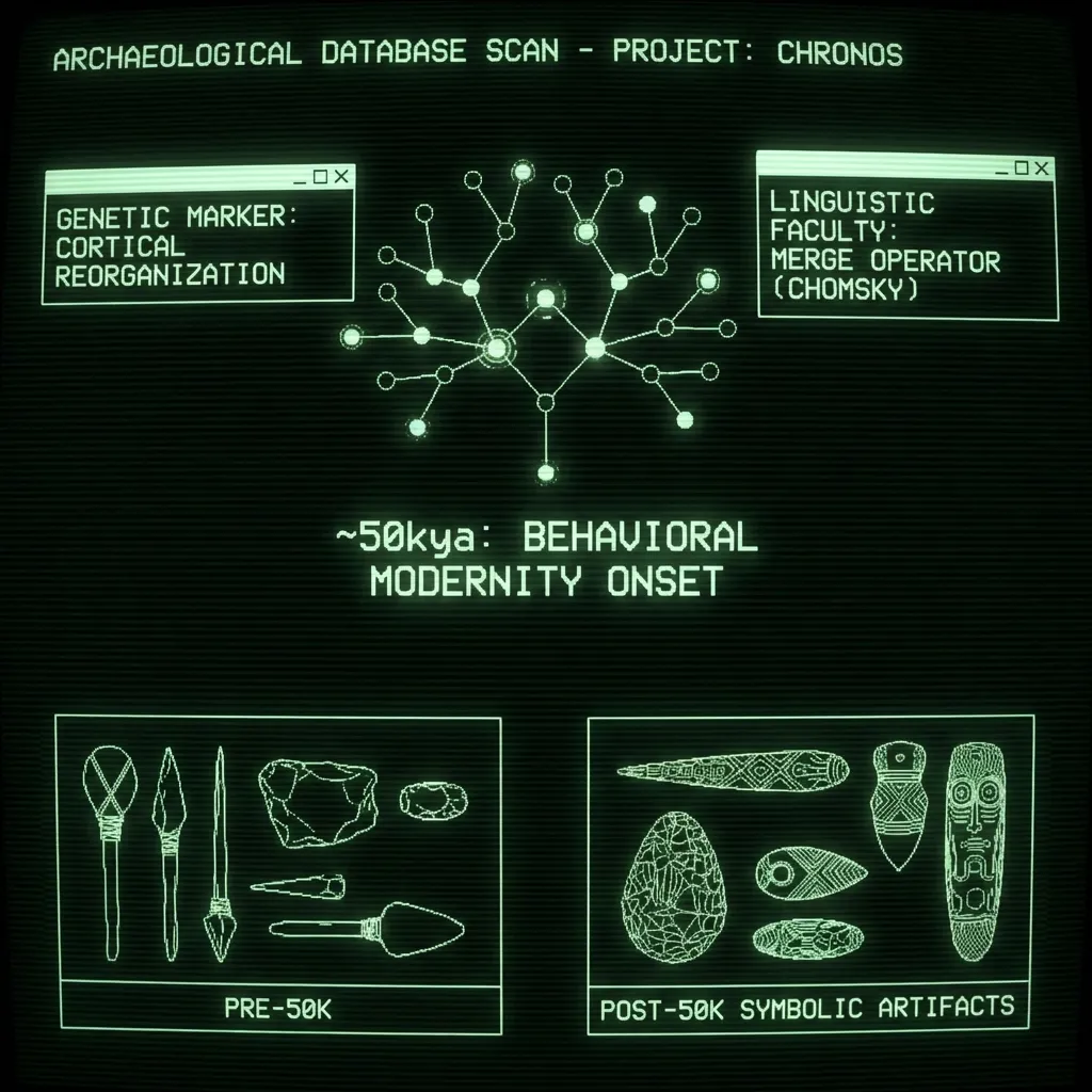 A scrolling archaeological database scan displays a multi-layered timeline. A central, branching neural network diagram pulses at the point marked …