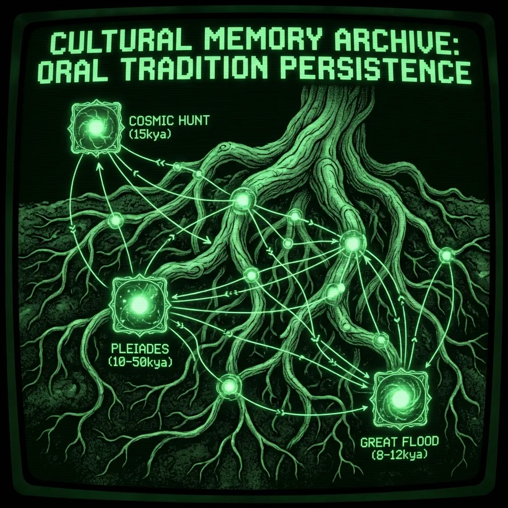 A stylized, intricate root system diagram, deeply branching and coiling, representing the deep roots of oral tradition. Each root node pulses faintly. …