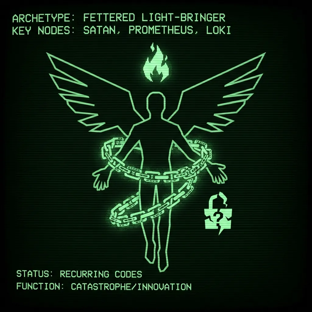 A minimalist, abstract silhouette of a winged figure is starkly rendered, its form composed of geometric lines. Heavy, stylized chains made of data …