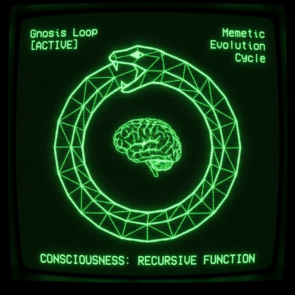 A highly stylized, geometric serpent forms an ouroboros, its tail disappearing into its mouth, rendered as a glowing green wireframe. Inside the loop, …