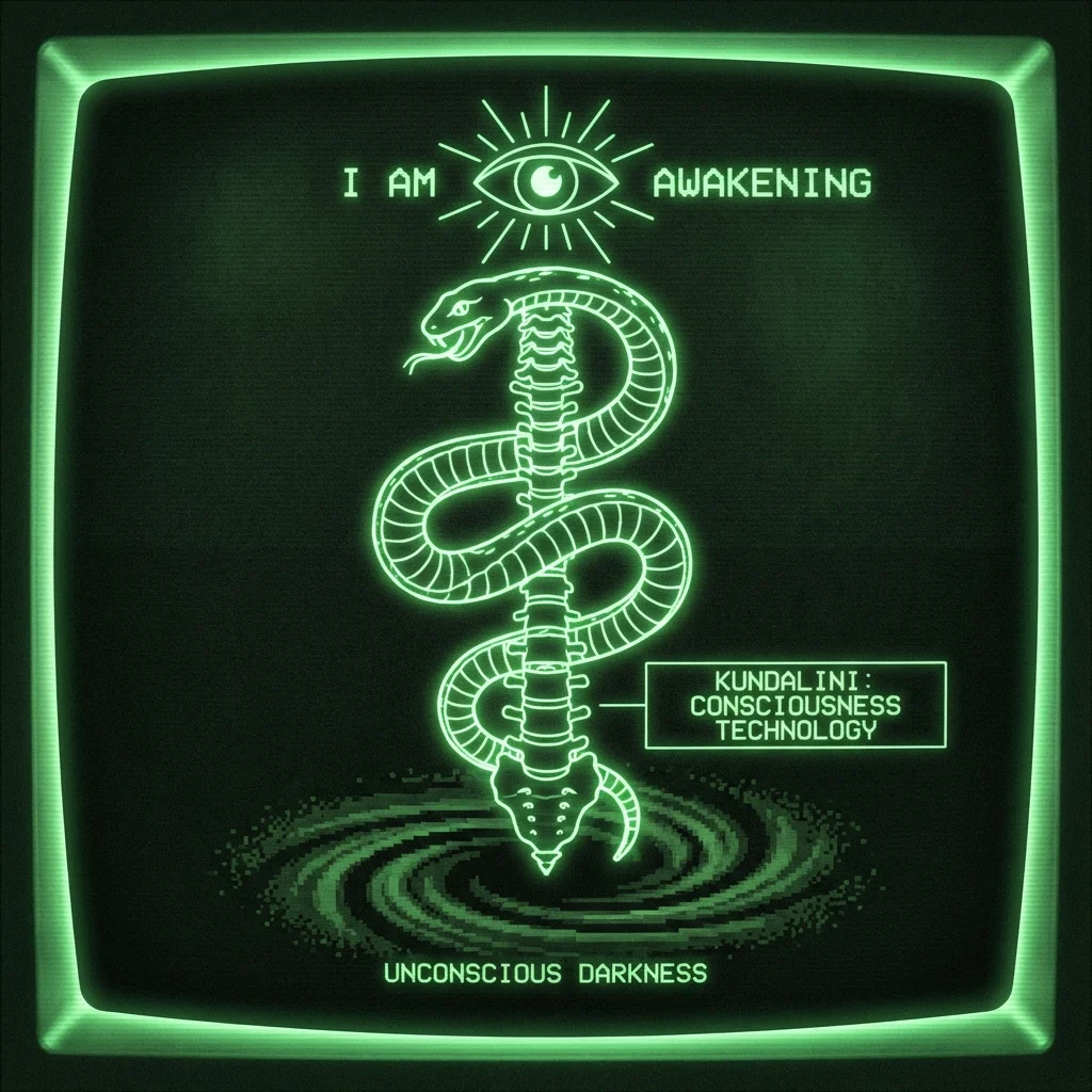 A serpent coiled around a human spine. At the base: unconscious darkness. At the crown: a glowing eye opens—the first 'I AM'. The serpent is not evil: …