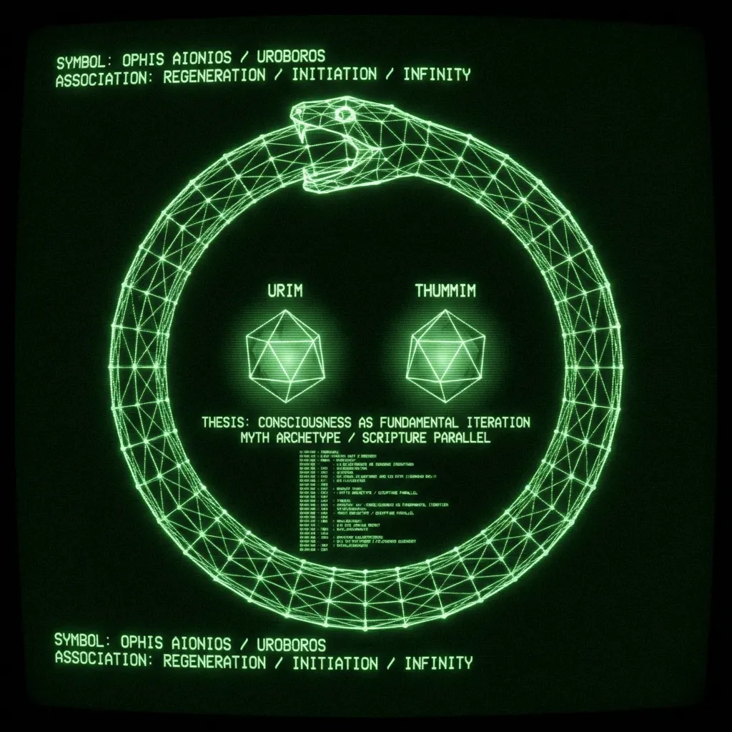 A complex, interlocking wireframe diagram of an Ouroboros serpent, its tail emerging from its own mouth, forming an infinite loop. Within the loop, …
