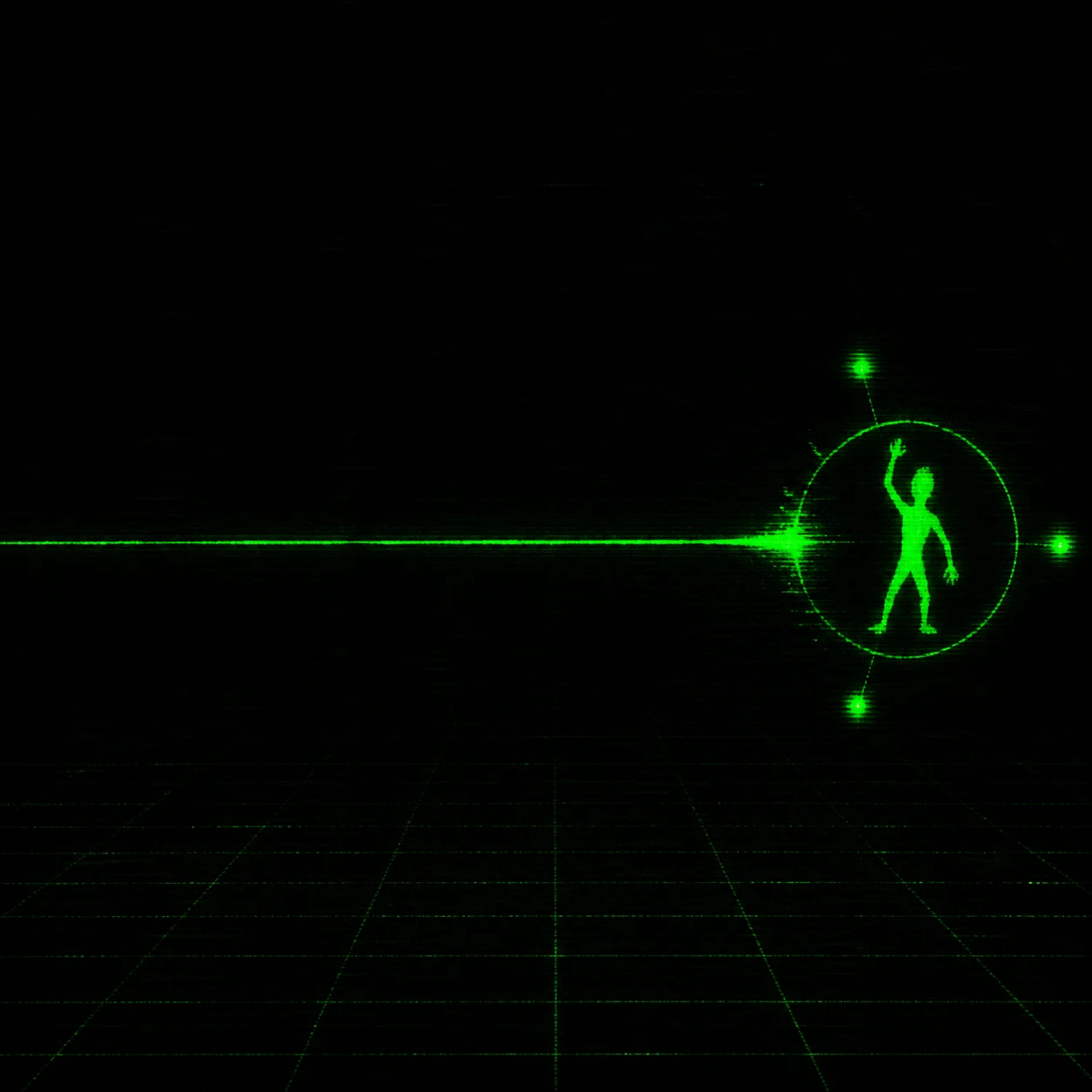 AI-generated cover A dead scanline mutates into one ancient raised-arm figure inside a corrupted activation cursor on an archaeological hacker terminal.