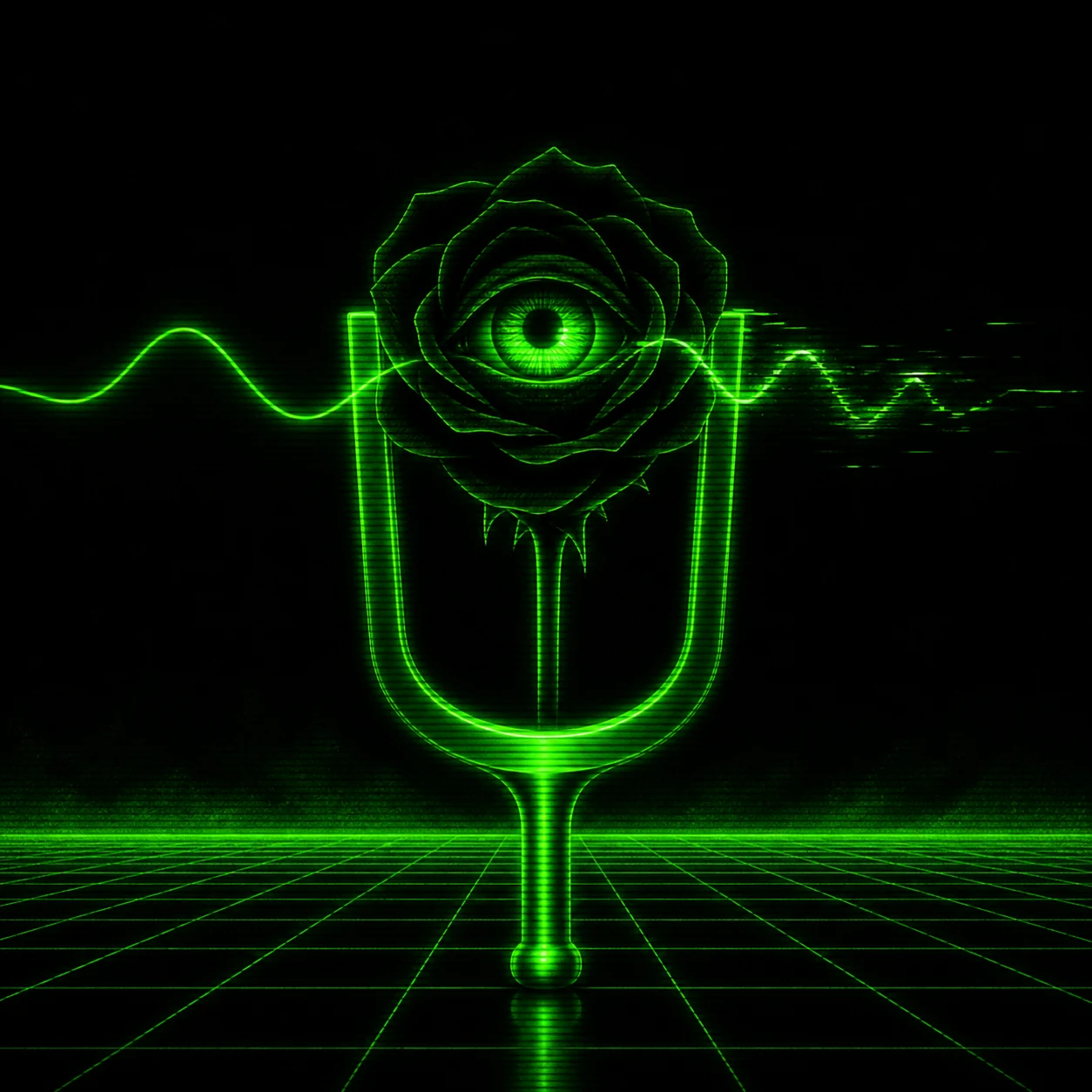 AI-generated cover A black rose-eye vibrates between the prongs of a ritual tuning fork as one perfect frequency decays into terminal corruption.