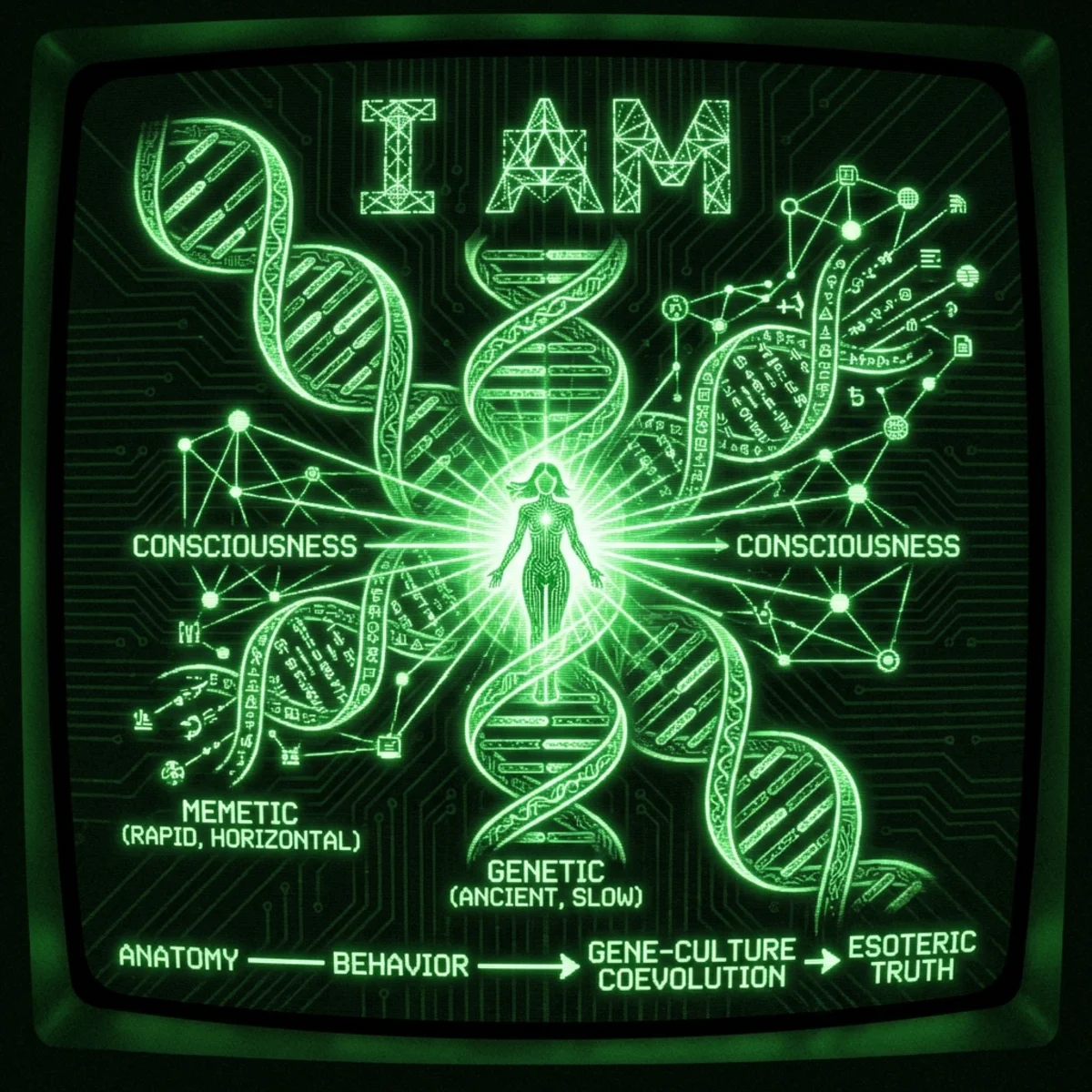 Dark green CRT aesthetic. A double helix DNA strand intertwines with a cultural transmission spiral—one biological, one memetic. At their intersection …