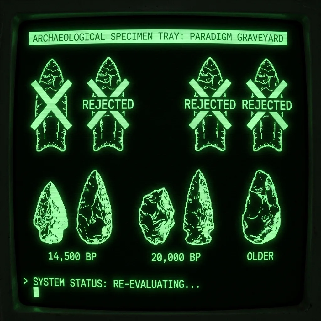 Clovis spear points arranged in symmetric pattern, each one crossed out or marked 'REJECTED'. Below them, older, cruder stone tools marked with dates …