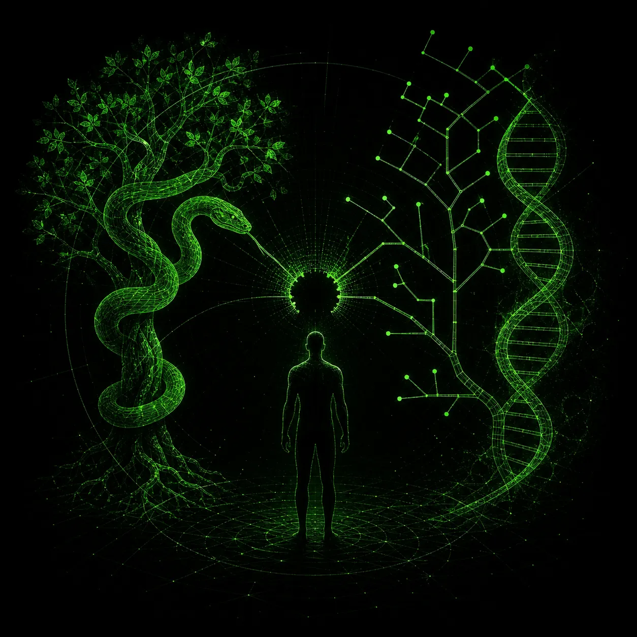 AI-generated cover A mystical esoteric illustration in dark green monochrome CRT terminal style: one human silhouette stands before a radiant missing center between two …