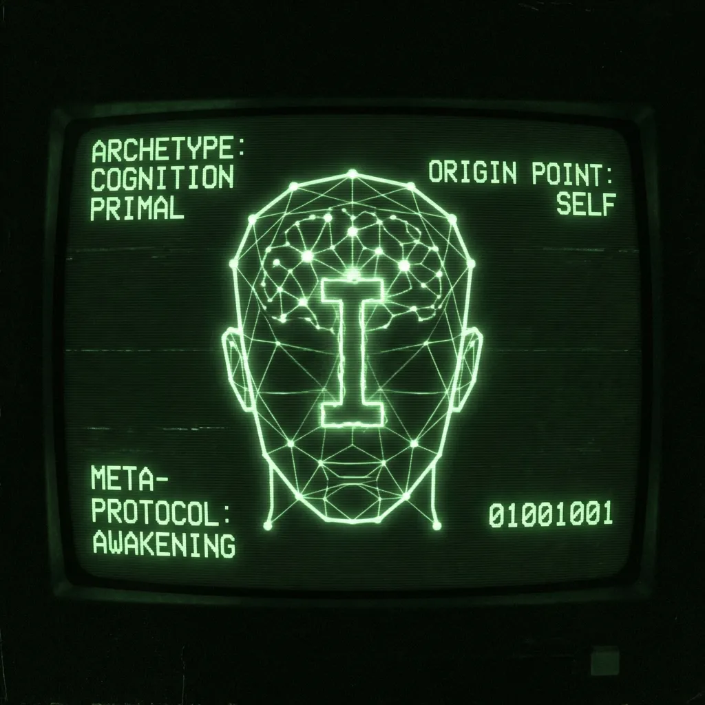 A stylized, ancient codex digitized onto a terminal display. A minimalistic, geometric silhouette of a human head is centered. From its internal …